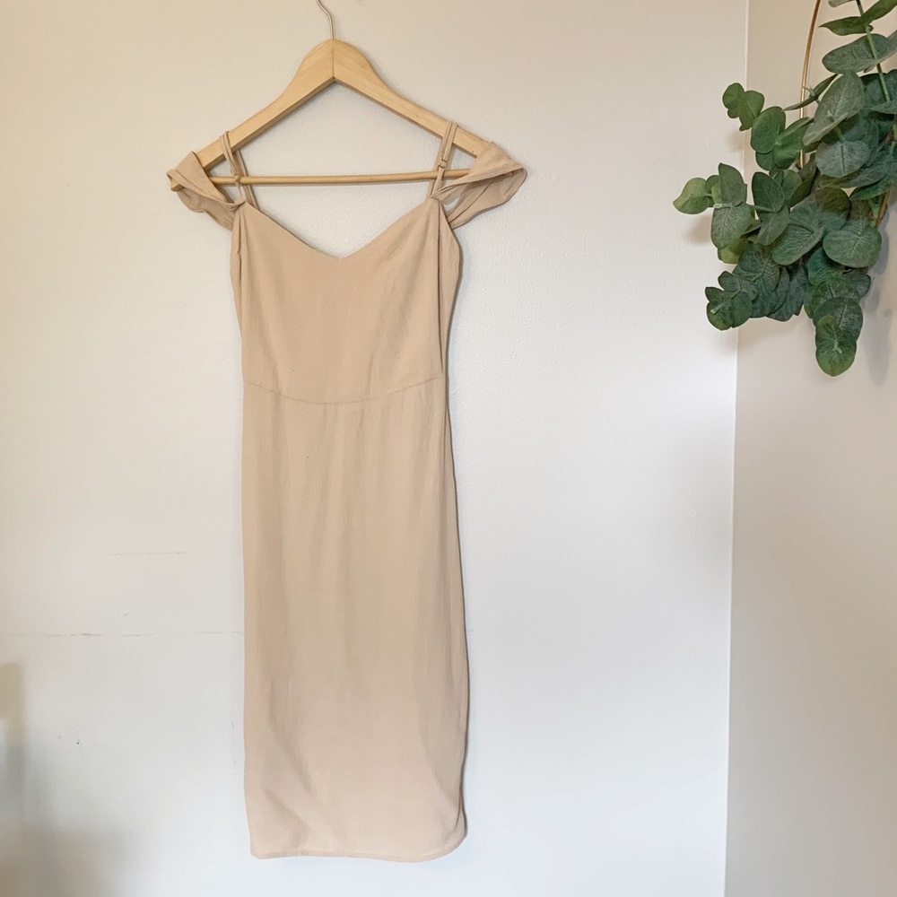 Reformation tan off the shoulder dress
